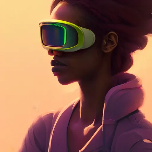 Image similar to beautiful woman wearing opaque reflective goggles profile picture by greg rutkowski, dynamic pose, brown skin, long locs hair, asymmetrical, futuristic, pastel neon colors, streetwear, studio ghibli, organic painting, matte painting, geometric shapes, hard edges, street art, trending on artstation, fantasy lut, realistic by sachin teng,