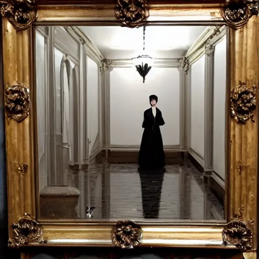 Image similar to a beautiful victorian woman is frightened by her doppleganger in a mirror. she is in a long hallway of mirrors. elegant design, haunting atmosphere, dimly lit, gothic, horror style, by greg rutkowski, realistic, low angle, 3 / 4 view.