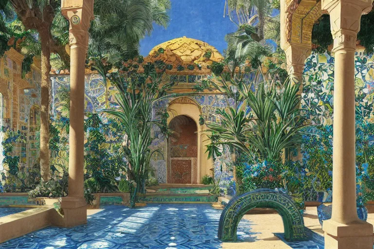 Prompt: painting of a beautiful moorish palace courtyard garden, by jan schmuckal and maxfield parrish and evelyn de morgan and waterhouse and dante rossetti, patterned tilework, palm trees, tiled fountains, sun and shade, extremely detailed, dramatic cinematic lighting, smooth sharp focus, featured on artstation