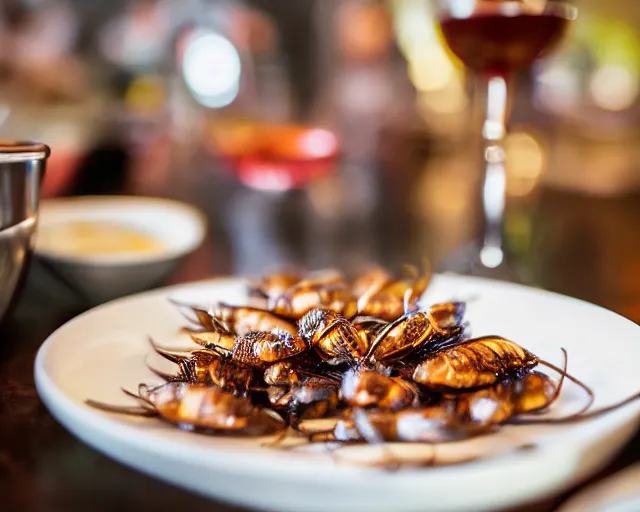 Prompt: 8 5 mm food photography of a plate of grilled cockroaches with ketchup dip at a restaurant with dof and bokeh and wine glasses out of focus in the background. highly detailed 8 k. intricate. lifelike. soft diffused light. nikon d 8 5 0.