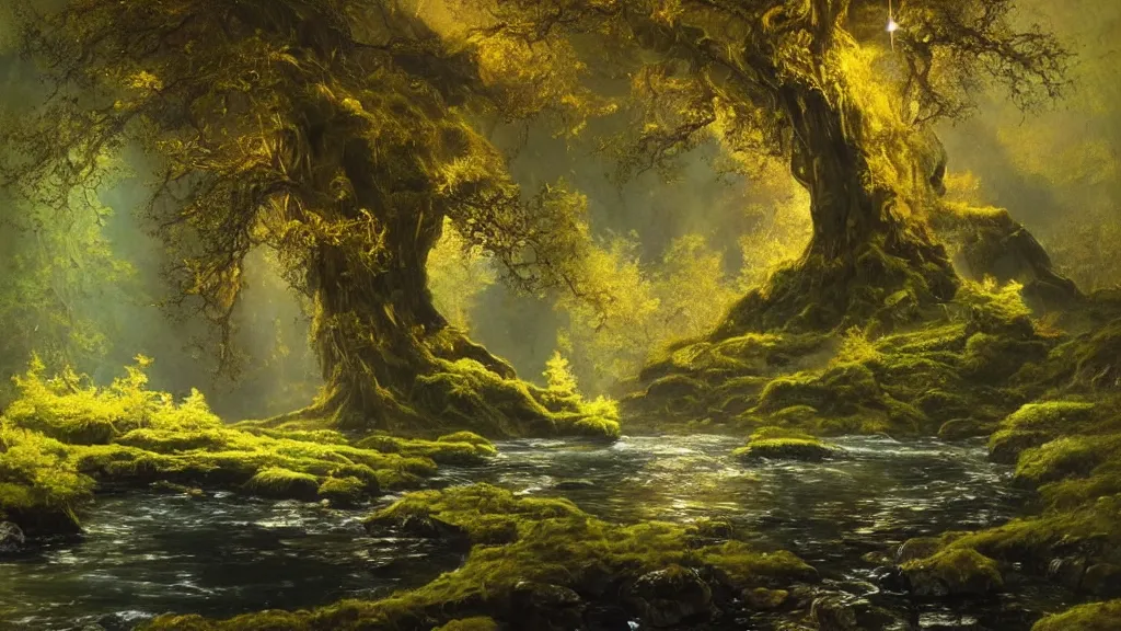 Image similar to A beautiful, highly detailed, very realistic oil painting of a single tree with lots of golden and bright glowing green leaves, next to a small river made of pure gold in the middle of a huge, very dark cave, with lots of dark grey rocks, oil painting by Greg Rutkowski.