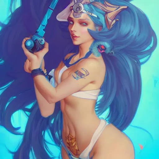 Image similar to beautiful girl portrait with blue hair wearing a bikini, symmetrical face, character concept, character concept art, by Peter Mohrbacher and Alphonse Mucha, overwatch, weapon, detailed, style, 8k, trending on artstation, unreal