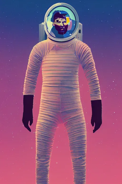 Prompt: full body glitching astronaut, blade runner 2 0 4 9, scorched earth, cassette futurism, modular synthesizer helmet, the grand budapest hotel, glow, digital art, artstation, pop art, by hsiao - ron cheng