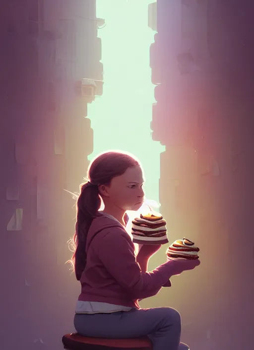 Prompt: highly detailed portrait of greta thunberg eating cakes, stephen bliss, unreal engine, greg rutkowski, loish, rhads, beeple, makoto shinkai and lois van baarle, ilya kuvshinov, rossdraws, tom bagshaw, tom whalen, alphonse mucha, global illumination, god rays, detailed and intricate environment