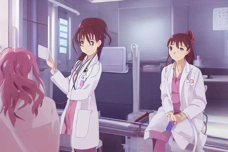 Image similar to a beautiful young female doctor wearing white coat are talking with a nurse wearing pink coat in a hospital ward, highly detailed, 8kHDR, slice of life anime, anime scenery by Makoto shinkai