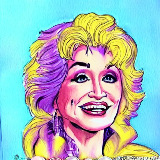 Prompt: dolly parton character sheet, illustration, sketch, portrait, gaudy colors, traditional painting, rough paper