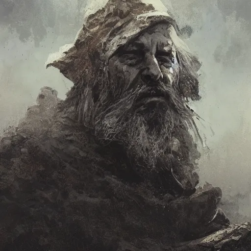 Prompt: portrait of an old man with a silver gray beard and ragged robes knelt down on the peak of a mountain writing on a stone, the sky above is wreathed in flames, by Jeremy Mann, realistic, detailed, ancient, digital art, apocalyptic, earth tones, dramatic, cinematic lighting