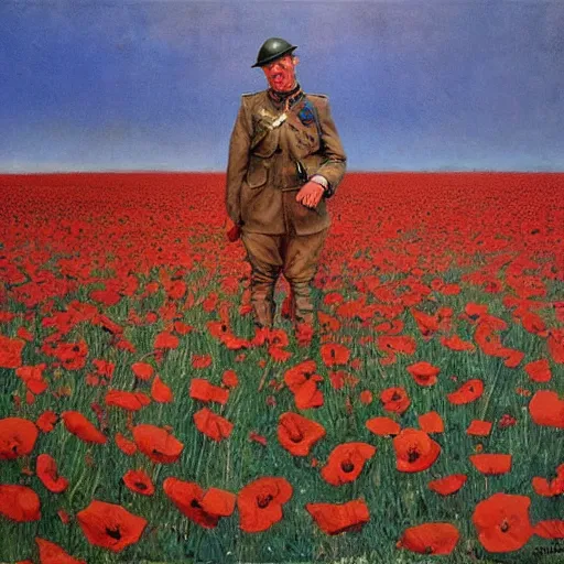 Prompt: world war 1 soldier in a field of giant poppies, surrealist, by robert mcginnis