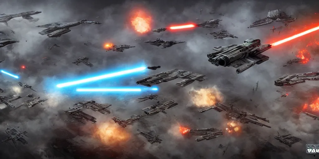 Image similar to aerial long shot, sci - fi battlefield, star wars republic clones versus droid with blaster fire and explosions, digital art, art station, render, volumetric light