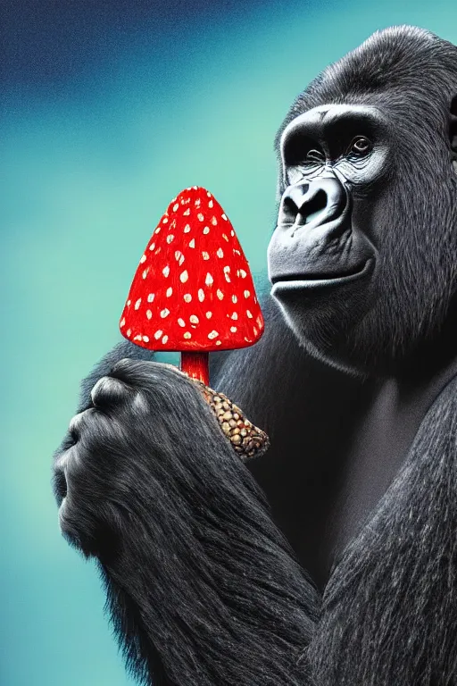 Image similar to gorilla at a concert holding a amanita muscaria, sunshine, by alba ballesta gonzalez and moebius. 4 k wallpaper, digital flat 2 d, japan animation, comic book, illustration, cinematic lighting, smooth sharp focus.