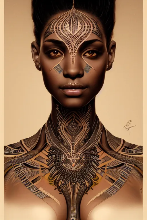 Image similar to symmetrical body portrait of beautiful nubian tribal tattooed young woman, intricate, elegant, highly detailed, digital painting, artstation, concept art, smooth, sharp focus, illustration, art by artgerm and greg rutkowski and alphonse mucha, 8 k