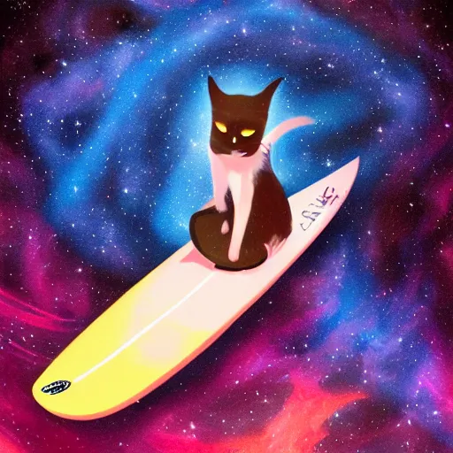 Image similar to A catgirl surfing through the magnificent nebula