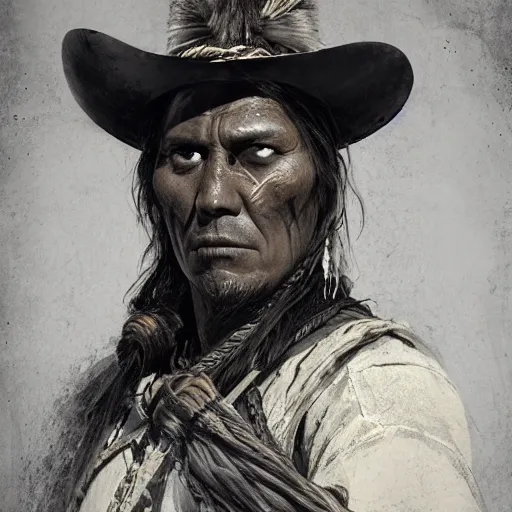 Image similar to portrait of a native american warrior of the old west, drawn by ruan jia, concept art, red dead redemption, django, weird west, deadlands, dramatic lighting, digital art, 8 k, extremely detailed