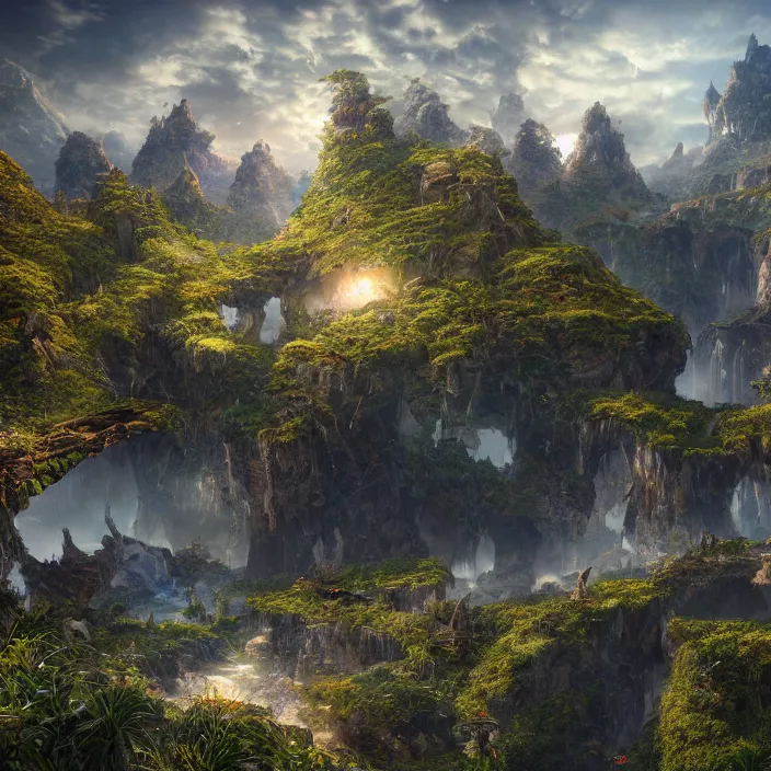 Prompt: beautiful realistic landscape photo of fantasy mmo world, intricate detailed, innovation, bright modern style, artstation, unreal render, depth of field, ambient lighting, award winning, stunning