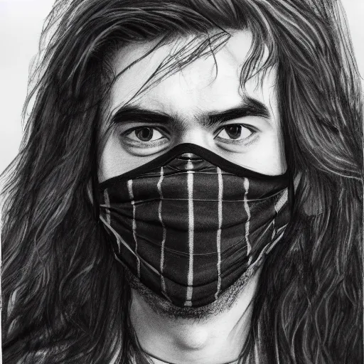 Image similar to professional pencil sketch of a young adult man with slightly long hair wearing a black face mask a black flannel shirt and black sweatpants, high quality, HD, 8K, highly detailed, award-winning