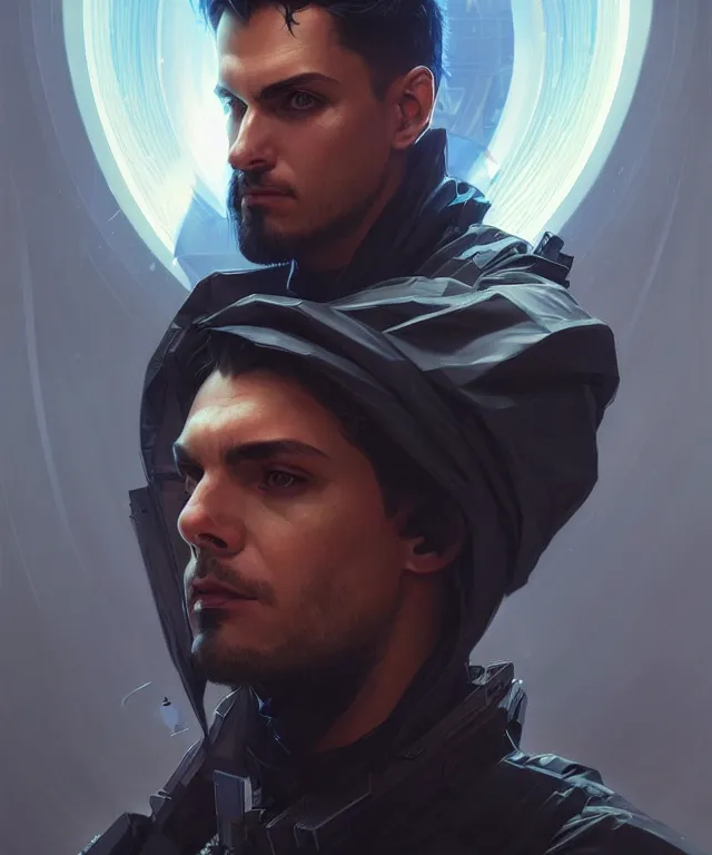 Image similar to Hacker cyberpunk man portrait, highly detailed, digital painting, artstation, concept art, smooth, sharp focus, illustration, art by artgerm and greg rutkowski and alphonse mucha