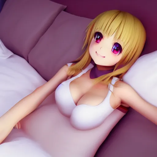 Image similar to a very beautiful 3d anime girl laying on bed wearing thigh high socks, unreal engine 5 4k render, hazler eyes, cute smile, trending on artstation, medium shot, long blonde hair