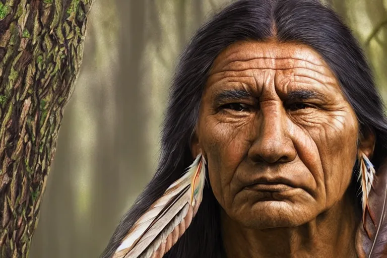 Prompt: hyper-realistic up close photograph of an elegant native american thinking, forest, detailed,