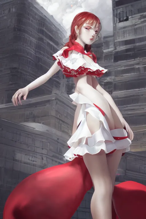 Image similar to the beautiful white frilled red dress girl standing in the hyper big and tall tower, looking at the camera, seductive pose, low angle, highly detailed, digital painting, artstation, concept art, smooth, sharp focus, illustration, Unreal Engine 5, 8K, art by Hiroaki Samura and Jiro Matsumoto