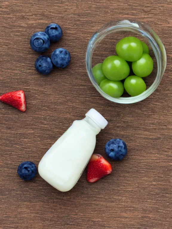 Image similar to miniature diorama of yogurt bottle with fruits