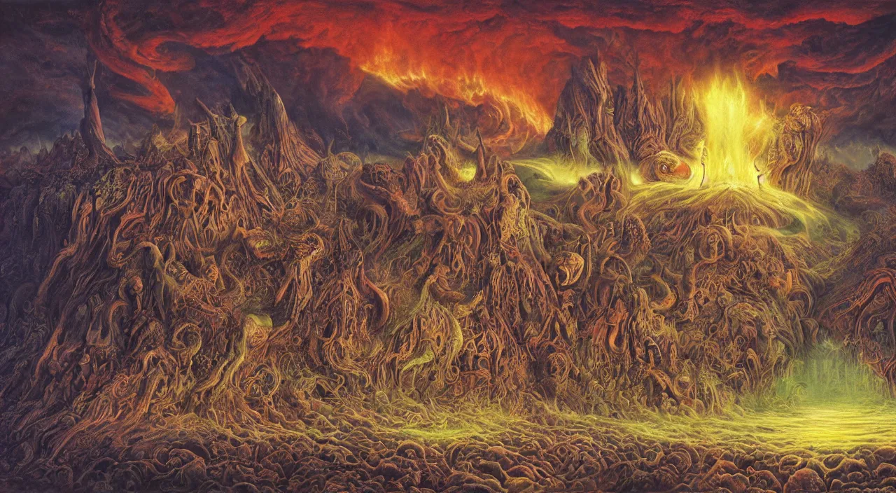 Image similar to a beautiful detailed portrait of satan with long horns and fiery vortex eyes in the foreground, in a vast cosmic hellscape by roger dean, by laurie lipton, detailed, realistic shadows, volumetric lighting, mythical, rendered in redshift, matte painting