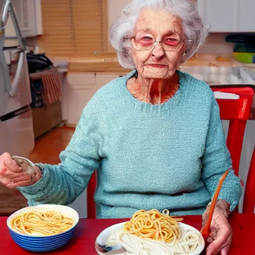 Image similar to grandma posing with her spaghetti, messy gross, she needs to wash