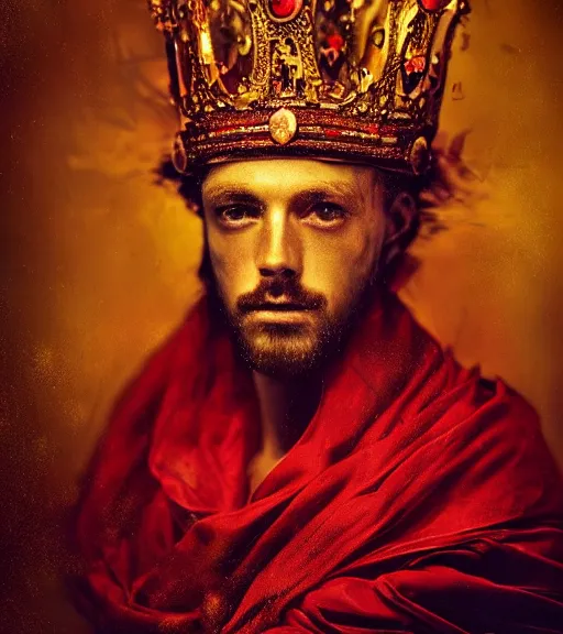 Image similar to 'Portrait of Crowned King Arthur' by Lee Jeffries royally decorated, whirling plasma, atmospheric motes, red and gold Sumptuous garb, gilt silk fabric, radiant colors, fantasy, perfect lighting, studio lit, micro details,