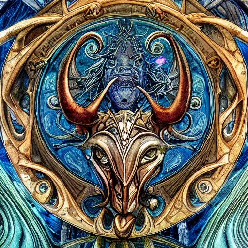 Image similar to detailed and sharp taurus artwork, mystic style, detailed, 8 k, detailed, symmetrical, by brian froud