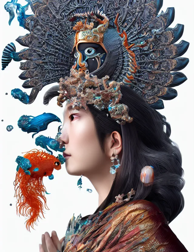 Image similar to 3 d goddess close - up profile portrait with crown, ram skull. beautiful intricately detailed japanese crow kitsune mask and clasical japanese kimono. betta fish, jellyfish phoenix, bio luminescent, plasma, ice, water, wind, creature, artwork by tooth wu and wlop and beeple and greg rutkowski