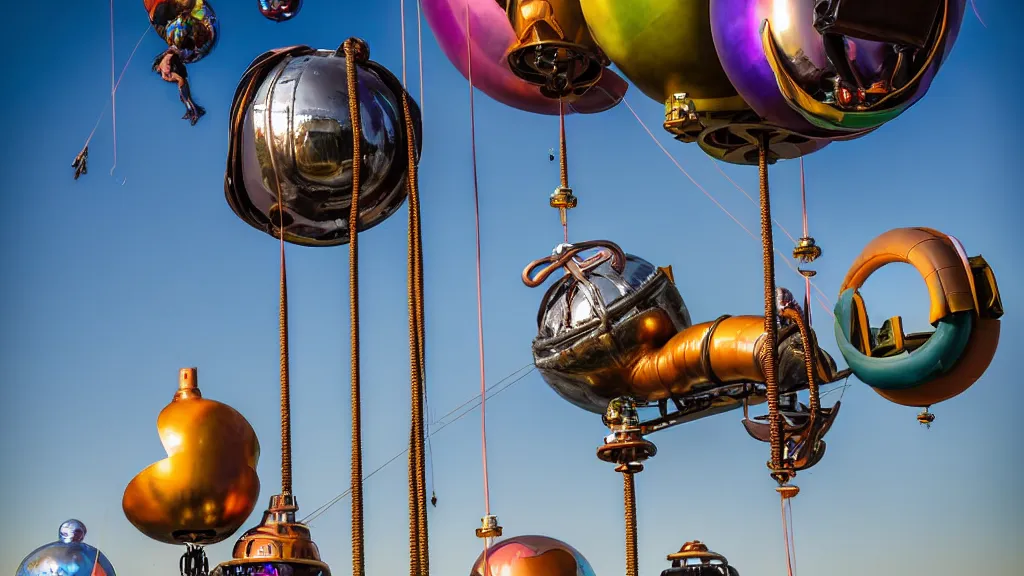 Prompt: large colorful futuristic space age metallic steampunk balloons with pipework and electrical wiring around the outside, and people on rope swings underneath, flying high over the beautiful los angeles city landscape, professional photography, 8 0 mm telephoto lens, realistic, detailed, photorealistic, photojournalism