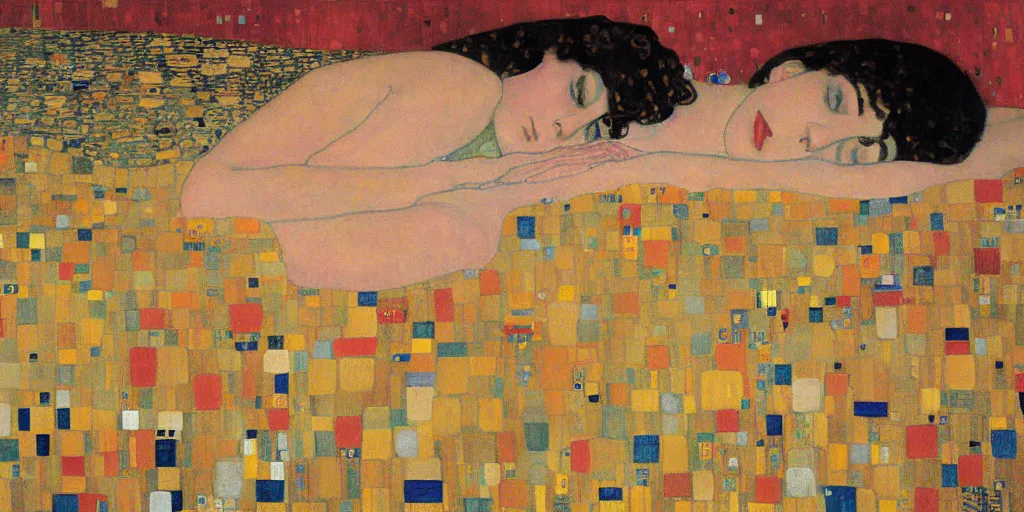 Image similar to a girl lying in a bed painted by Gustav Klimt