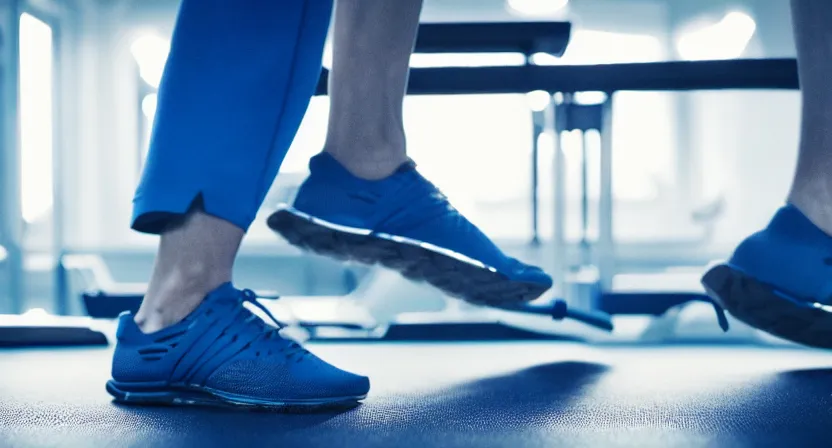 Prompt: close up on old running shoes running on a treadmill. cinematic lighting. moody. sci fi. octane render. blue grey tones.