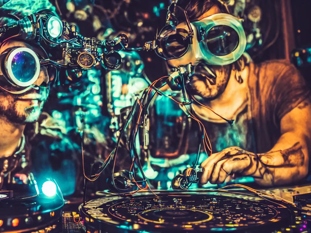 Image similar to a person wearing goggles and visor and headphones using a steampunk record player contraption, wires and tubes, turntablism dj scratching, intricate planetary gears, cinematic, imax, sharp focus, leds, bokeh, iridescent, black light, fog machine, hazy, lasers, hyper color digital art, cyberpunk