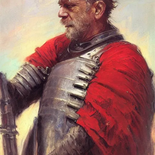 Image similar to Solomon Joseph Solomon and Richard Schmid and Jeremy Lipking victorian genre painting portrait painting of a old rugged movie actor medieval knight character in fantasy costume, red background