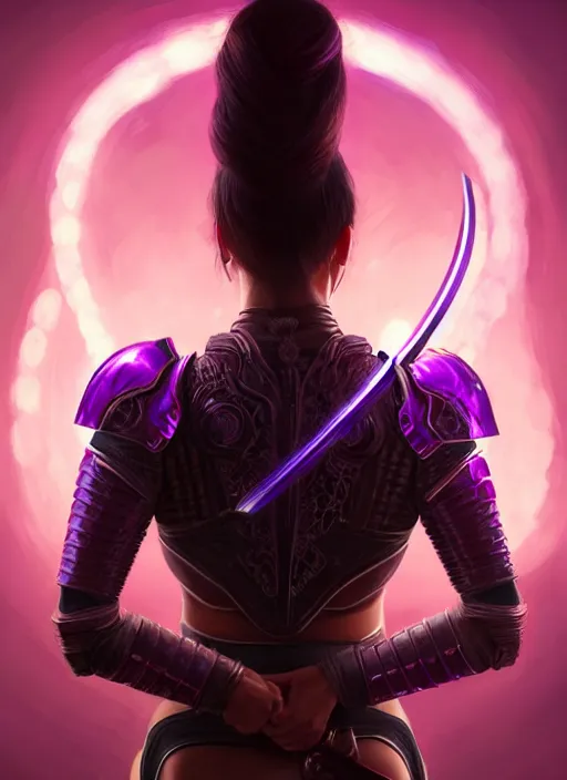 Image similar to portrait, back shot, looking away from viewer, woman with long black ponytail, wearing sci - fi leather armor, glowing purple katana, intricate, elegant, glowing lights, highly detailed, digital painting, artstation, concept art, smooth, sharp focus, illustration, art by wlop, mars ravelo and greg rutkowski