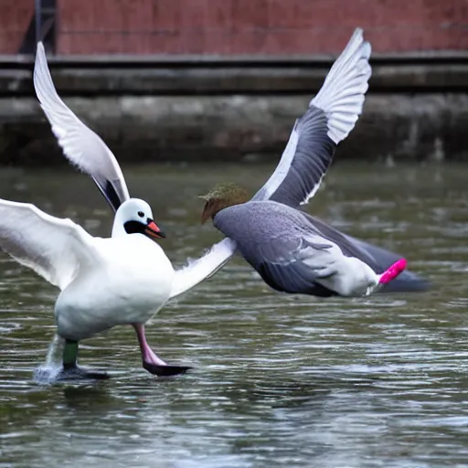 Prompt: A pigeon fighting a swan