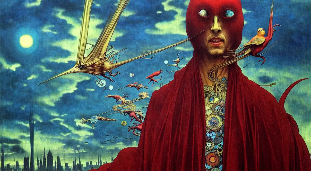 Image similar to realistic detailed portrait movie shot of a birdman wearing dark robes, sci fi city landscape background by denis villeneuve, amano, yves tanguy, alphonse mucha, ernst haeckel, max ernst, roger dean, masterpiece, rich moody colours, blue eyes, occult