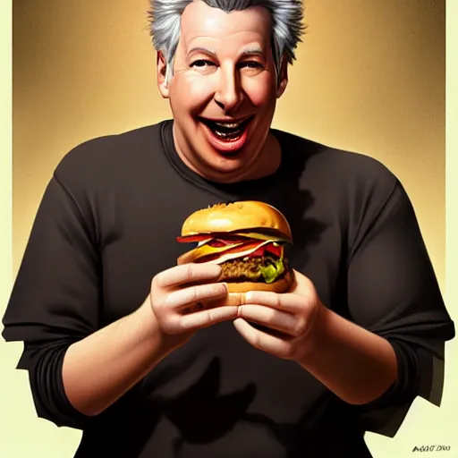 Image similar to portrait of a Marc Summers eating a hamburger, extra onions and ketchup, luscious patty with sesame seeds, masculine, handsome, D&D, fantasy, intricate, elegant, highly detailed, digital painting, artstation, concept art, matte, sharp focus, illustration, art by Artgerm and Greg Rutkowski and Alphonse Mucha