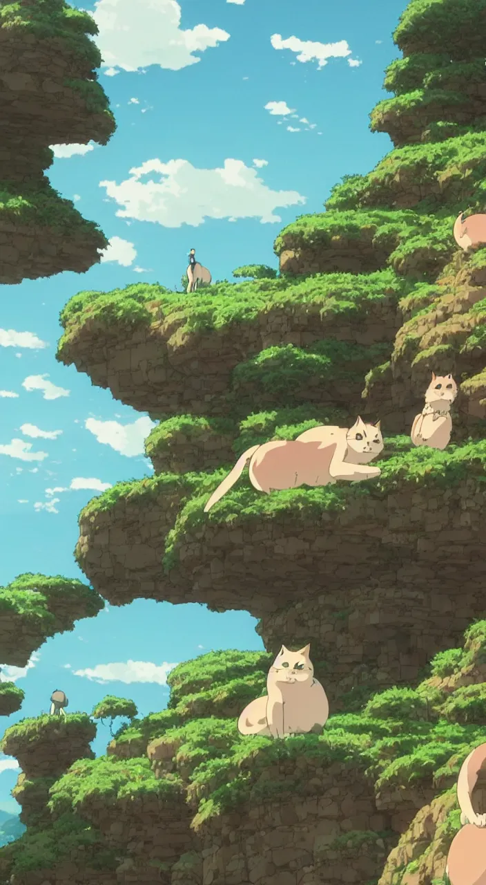 Image similar to fat cats rolling off a cliffside, screenshot from the anime film by makoto shinkai