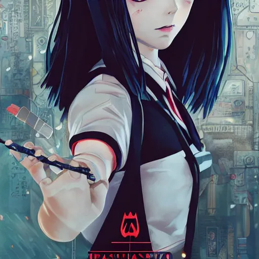 Image similar to precisely drawn illustration of anime wednesday addams tarot card, wide angle, sharp, fine details, anime, manga, cyberpunk, realistic shaded lighting by katsuhiro otomo ghost-in-the-shell, magali villeneuve, artgerm, rutkowski Jeremy Lipkin and Giuseppe Dangelico Pino and Michael Garmash and Rob Rey