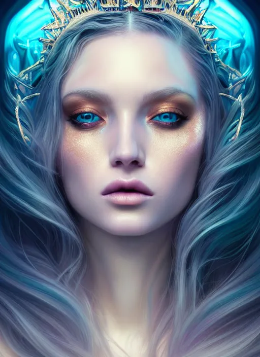 Image similar to portrait of sea queen, fantasy, rule of thirds, intricate, neon highlights, octane render, detailed, beautiful, unreal engine, symmetrical!!, loreal, maybelline, sephora, loreal, artstation, art by karol bak, art by artgerm, rossdraws, cinematic, concept art, filmic, vsco