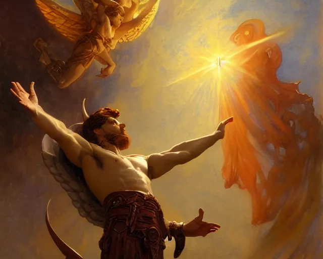 Image similar to attractive pagan male deity, summoning handsome lucifer morning star. highly detailed painting by gaston bussiere, craig mullins, j. c. leyendecker 8 k