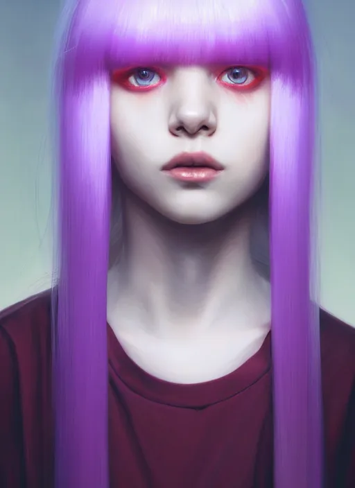 Image similar to hair whitebangs hair, black hair, whitebangs, portrait of teenage girl with white bangs, red irises, purple clothes, white bangs, bangs are different color from hair, intricate, elegant, glowing lights, highly detailed, digital painting, artstation, concept art, smooth, sharp focus, illustration, art by wlop, mars ravelo and greg rutkowski