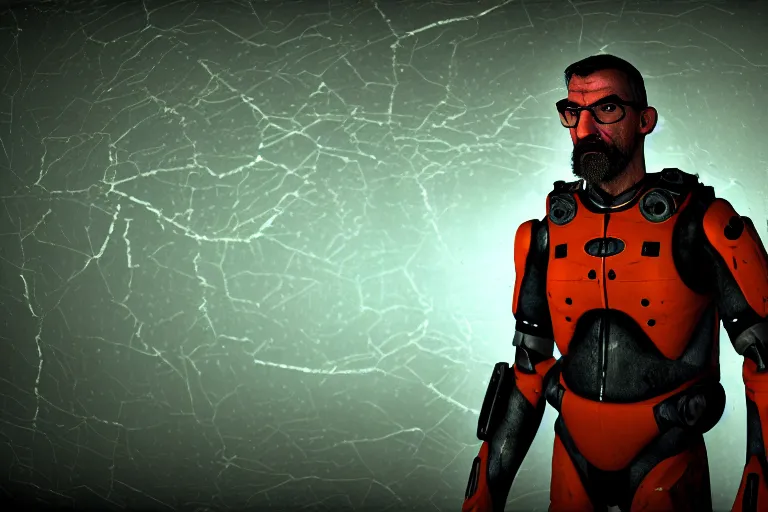 Image similar to photograph of gordon freeman in a damaged, scratched and worn down hev suit, night, rain, dense fog, dark room, cinematic, volumetric lighting, f 8 aperture, cinematic eastman 5 3 8 4 film, photorealistic