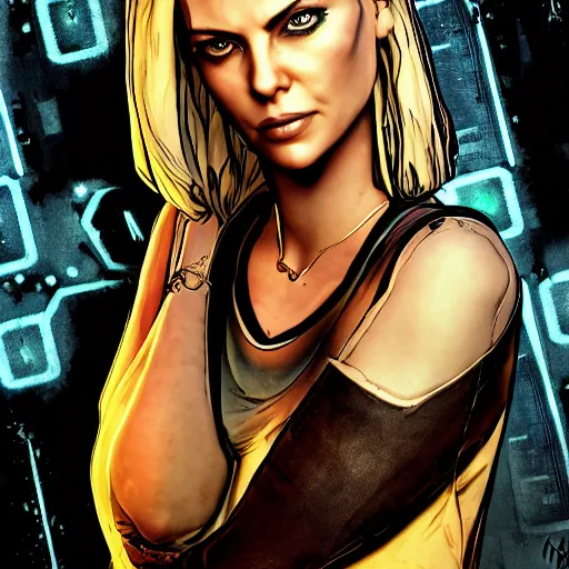 Image similar to charlize theron portrait, borderlands, tales from the borderlands, the wolf among us, comic, cinematic lighting, studio quality, 8 k