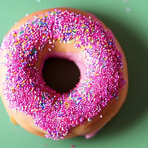 Prompt: A cute pink donut with sprinkles