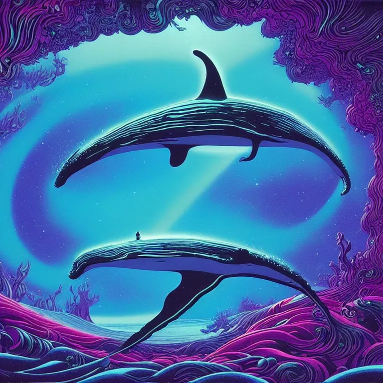 Image similar to interstellar aquatic whales, infinite fractal dimensional portal, bright neon colors, highly detailed, cinematic, eyvind earle, tim white, philippe druillet, roger dean, lisa frank, aubrey beardsley