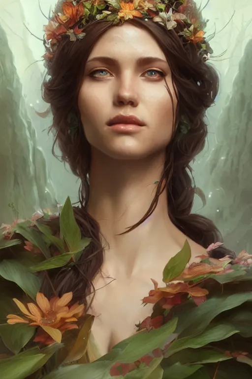 Image similar to goddess of nature, accurate anatomy, only two hands, highly detailed, digital painting, artstation, concept art, smooth, sharp focus, illustration, Unreal Engine 5, 8K, art by artgerm and greg rutkowski and edgar maxence