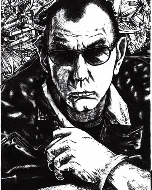 Image similar to Hunter S Thompson drawn by Kentaro Miura, extremely high detail, manga