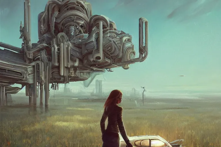 Image similar to beautiful painting of Emma Watson in a futuristic house in the style of Simon Stålenhag and H. R. Giger, detailed, trending on Artstation